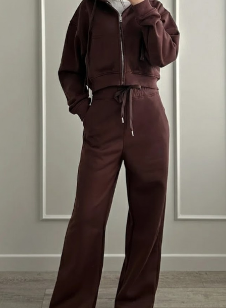 Warm Women's Brown Velvet Tracksuit – Fleece Zipper Crop Hoodie & Sweatpants Set