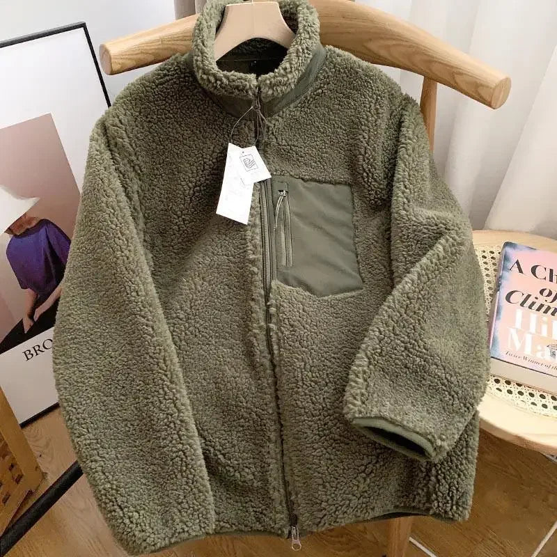 Solid Color Warm Lamb Wool Fleece Stand Neck Jacket Mens And Womens Zipper
