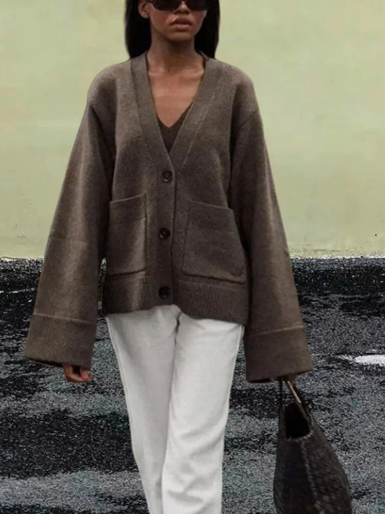 Womens Loose V Neck Sweater Solid Color Knitted Cardigan Long Sleeve
