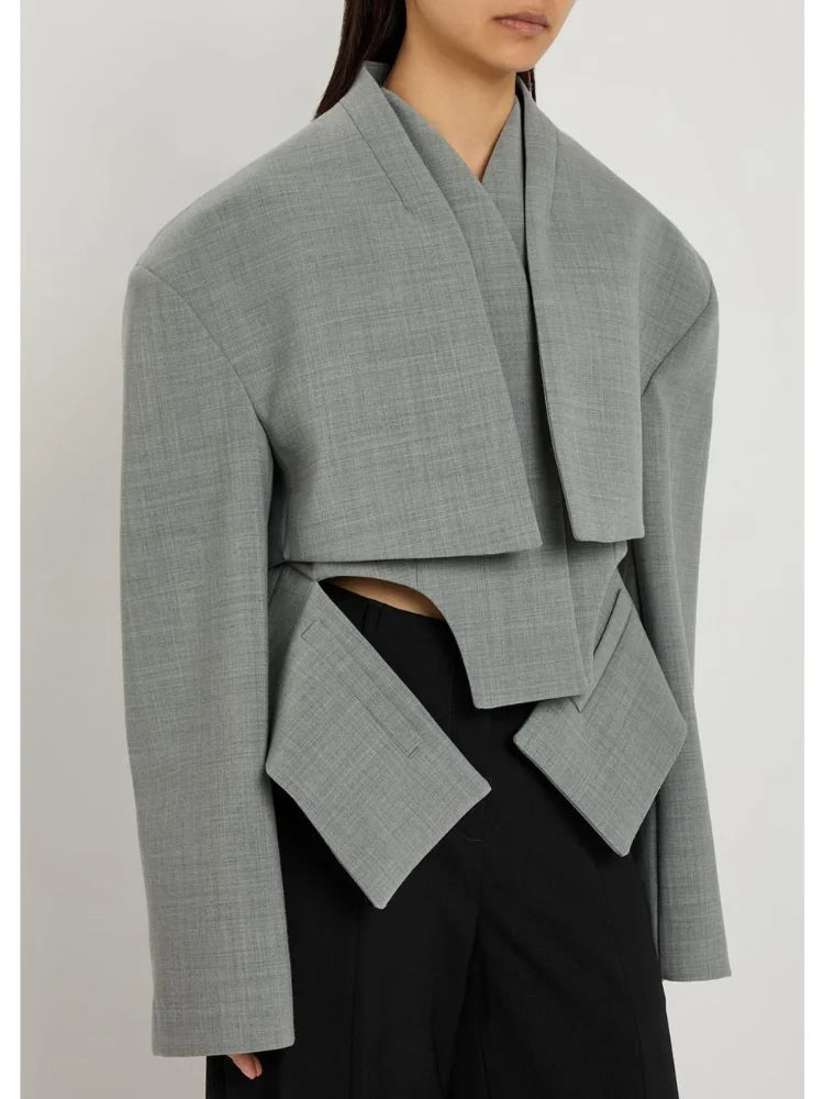 Womens Grey Blazer Suit Jacket Irregular Hem Split Full Sleeve Shoulder Pad