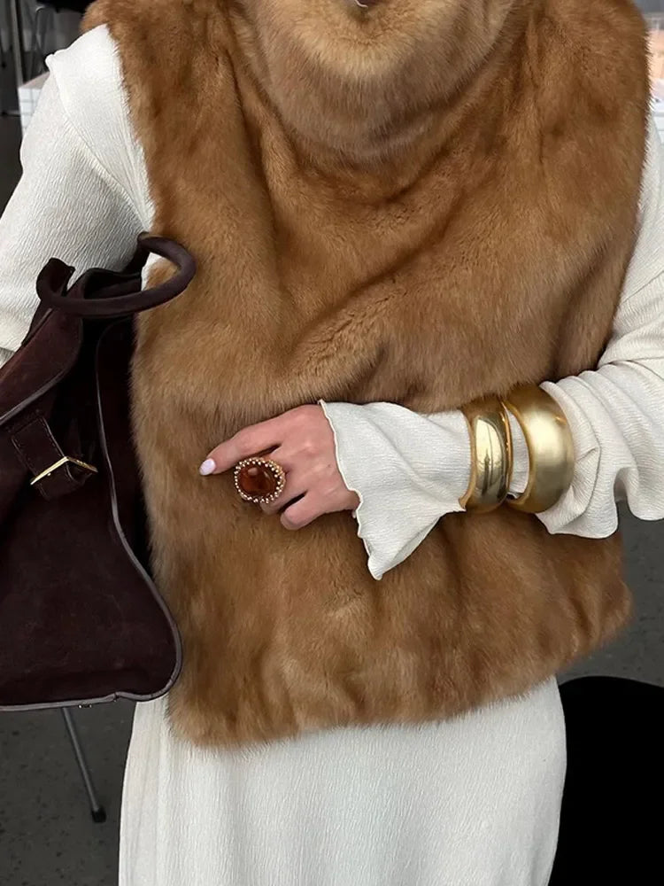 Womens Stand Collar Faux Fur Sleeveless Jacket Loose Short Vest Solid