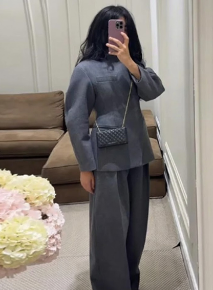 Womens Spring Solid Coat And Pants Set Lapel V Neck Straight Leg Trousers