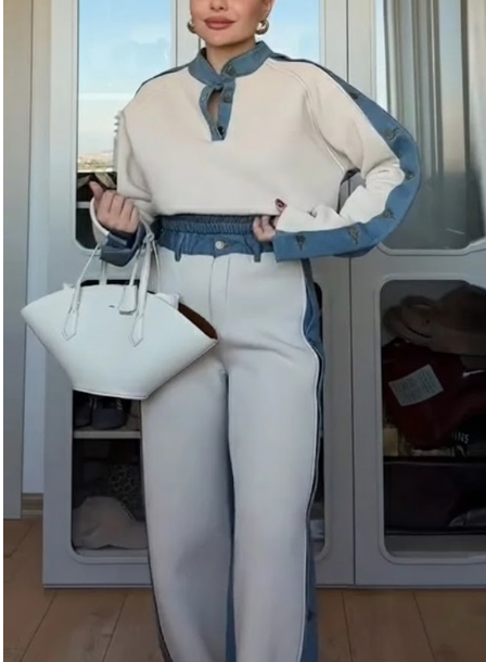 Womens Spring Sport Set Long Sleeve V Neck Tops High Waist Wide Leg Pants