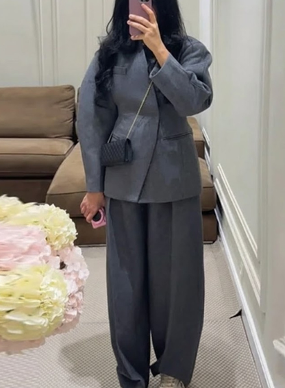 Womens Spring Solid Coat And Pants Set Lapel V Neck Straight Leg Trousers