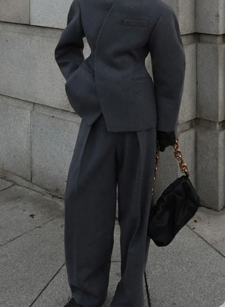 Womens Spring Solid Coat And Pants Set Lapel V Neck Straight Leg Trousers