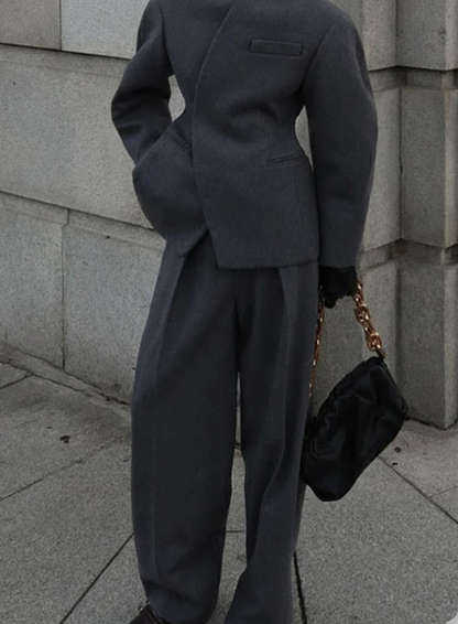 Womens Spring Solid Coat And Pants Set Lapel V Neck Straight Leg Trousers