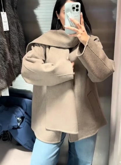 Single Breasted Womens Trench Coat Full Sleeve Detachable Scarf Winter