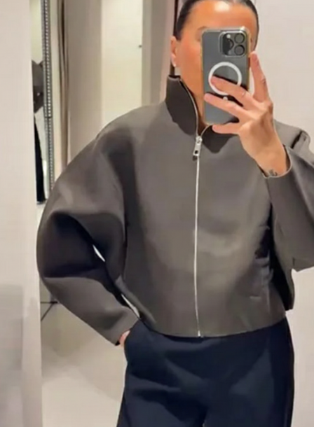 Womens Knitted Cropped Jacket Stand Collar Loose Fit Full Sleeve Zipper