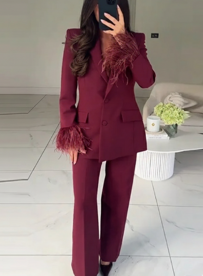 Feather Trim Lapel Blazer And Straight Pant Two Piece Suit Set