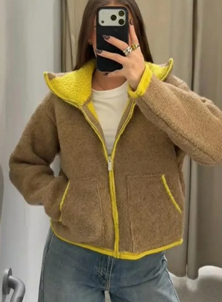 Contrast Color Zipper Pockets Knitted Coat Womens Casual Stand Collar