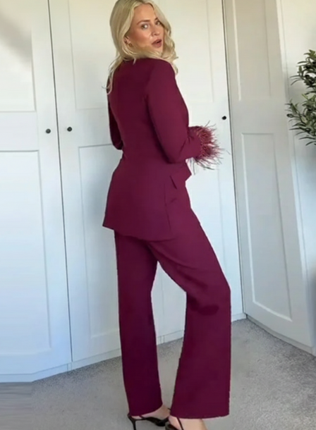 Feather Trim Lapel Blazer And Straight Pant Two Piece Suit Set