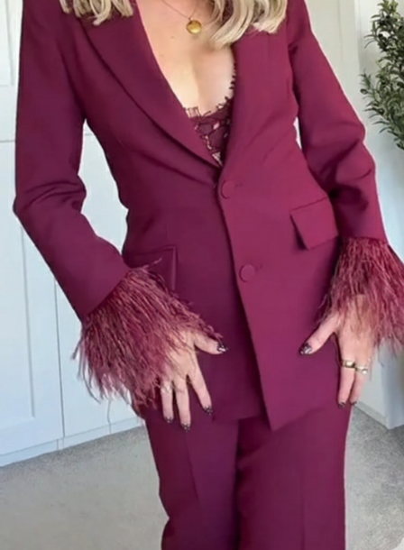 Feather Trim Lapel Blazer And Straight Pant Two Piece Suit Set