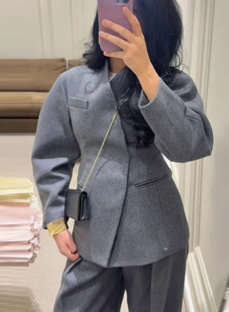 Womens Spring Solid Coat And Pants Set Lapel V Neck Straight Leg Trousers