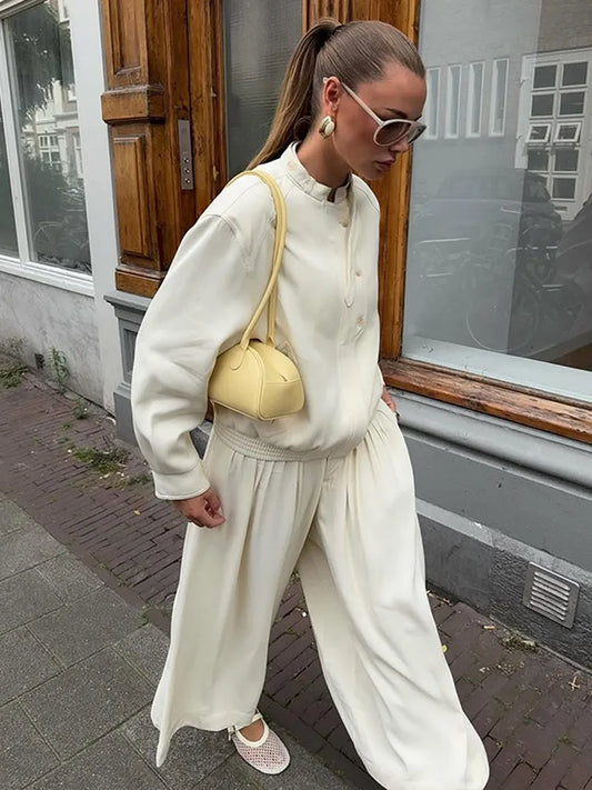 Womens White Stand Neck Jacket Pants Set Loose Wide Leg Single Breasted