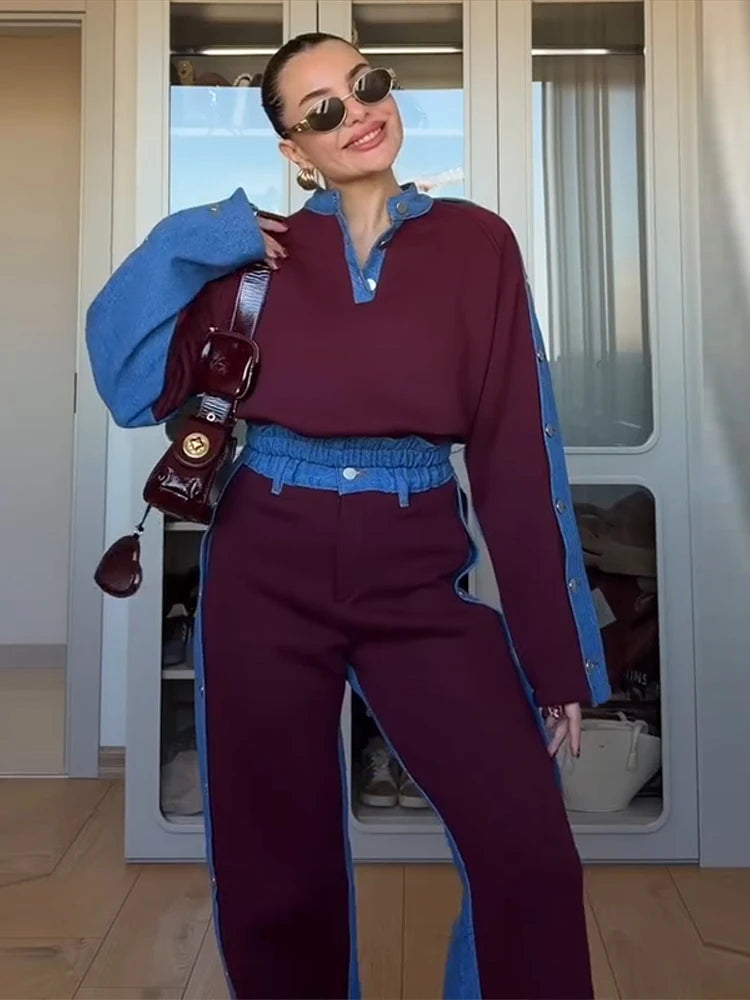 Womens Spring Sport Set Long Sleeve V Neck Tops High Waist Wide Leg Pants