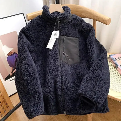 Solid Color Warm Lamb Wool Fleece Stand Neck Jacket Mens And Womens Zipper