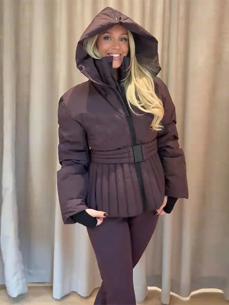 Womens Hooded Peplum Puffer Jacket Stand Collar Belt Waist Zipper Winter