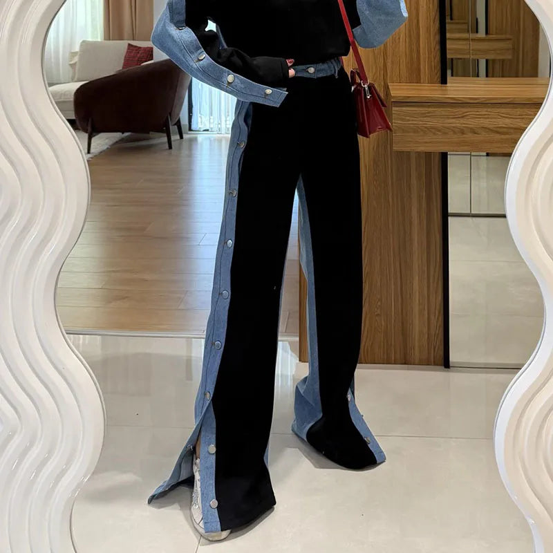 Womens Spring Sport Set Long Sleeve V Neck Tops High Waist Wide Leg Pants