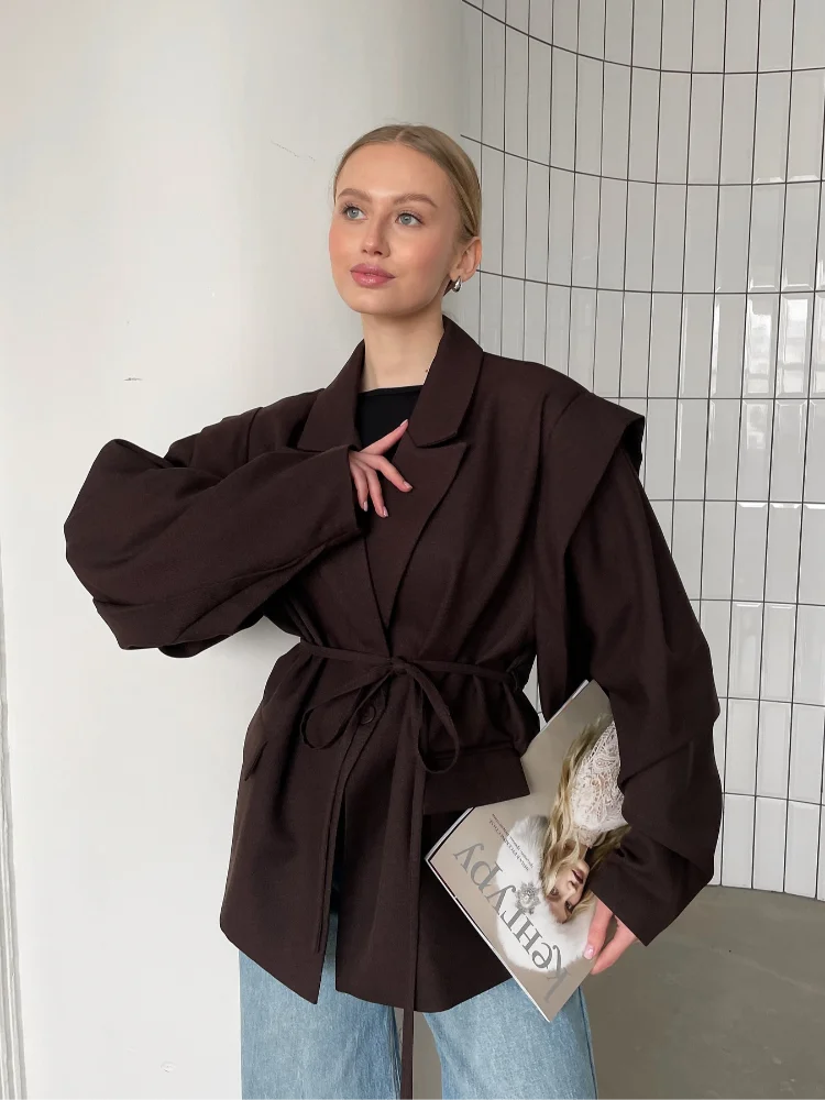 Brown Casual Short Blazer Womens V Neck Lace Up Waist Outerwear