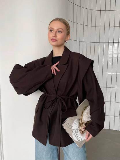 Brown Casual Short Blazer Womens V Neck Lace Up Waist Outerwear