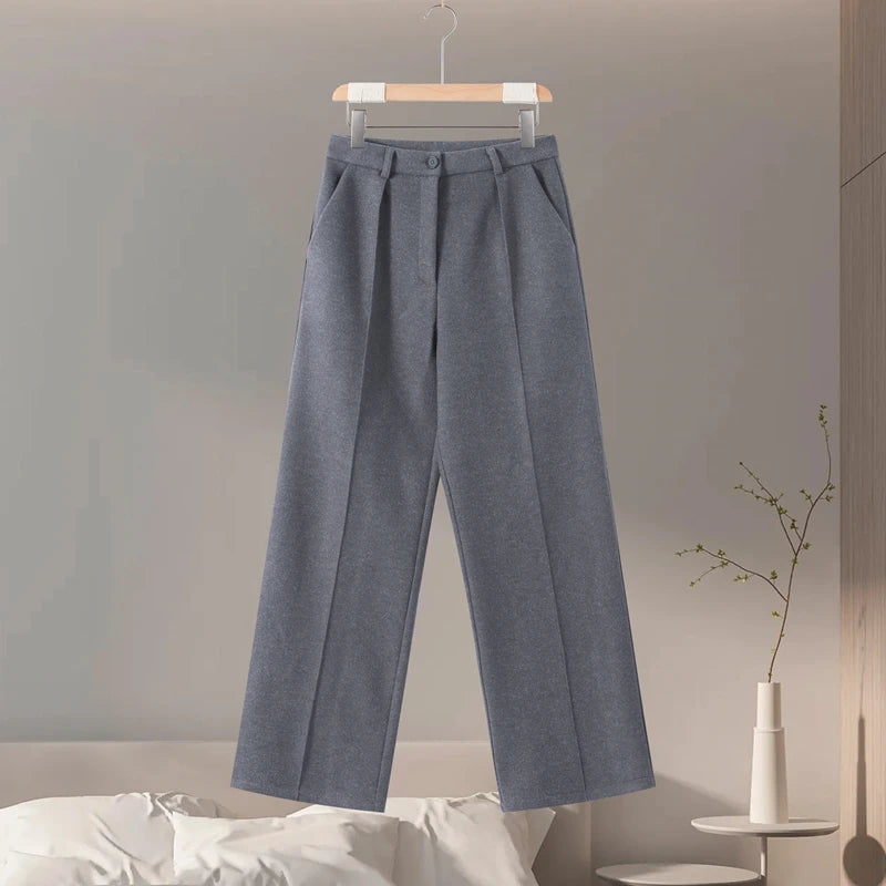 Womens Spring Solid Coat And Pants Set Lapel V Neck Straight Leg Trousers