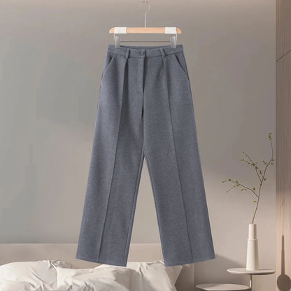 Womens Spring Solid Coat And Pants Set Lapel V Neck Straight Leg Trousers