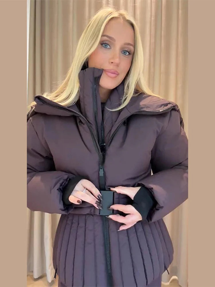 Womens Hooded Peplum Puffer Jacket Stand Collar Belt Waist Zipper Winter