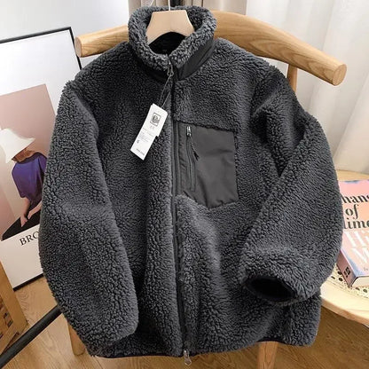 Solid Color Warm Lamb Wool Fleece Stand Neck Jacket Mens And Womens Zipper