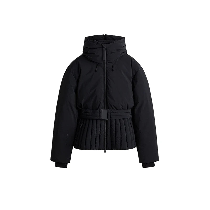 Womens Hooded Peplum Puffer Jacket Stand Collar Belt Waist Zipper Winter