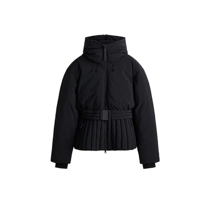 Womens Hooded Peplum Puffer Jacket Stand Collar Belt Waist Zipper Winter