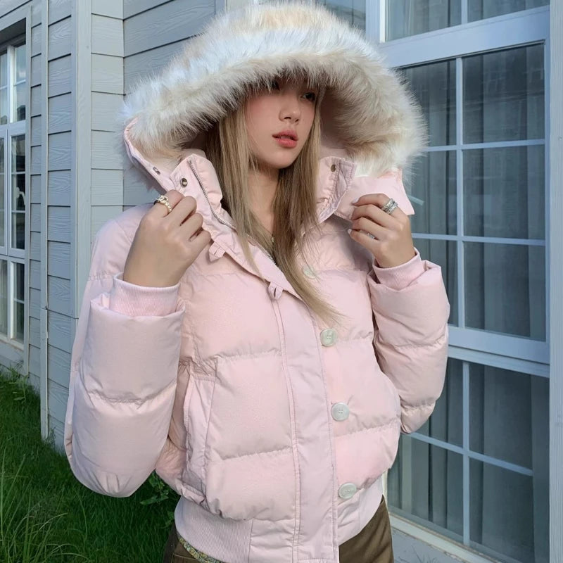 Pink Cotton Padded Winter Jacket Womens Hooded Faux Fur Collar
