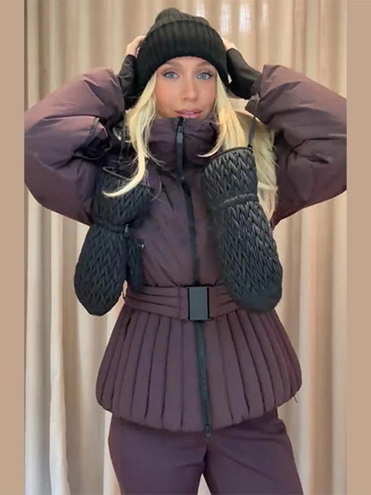 Womens Hooded Peplum Puffer Jacket Stand Collar Belt Waist Zipper Winter