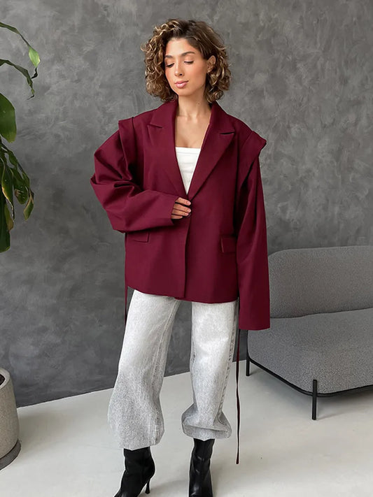 Womens Long Sleeve Solid V Neck Blazer Cinched Waist Lace Up Slim Fit Outerwear