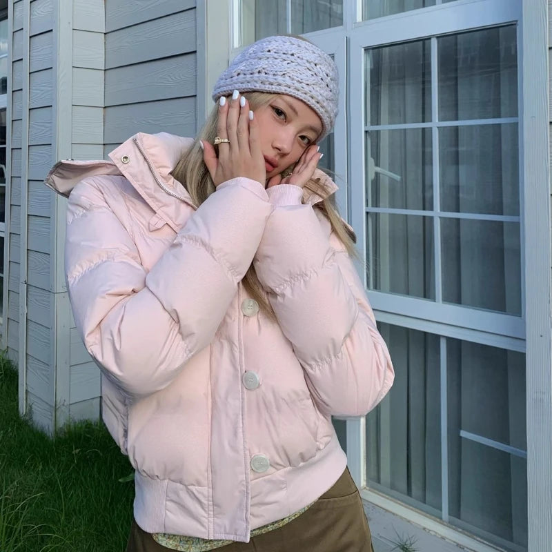 Pink Cotton Padded Winter Jacket Womens Hooded Faux Fur Collar