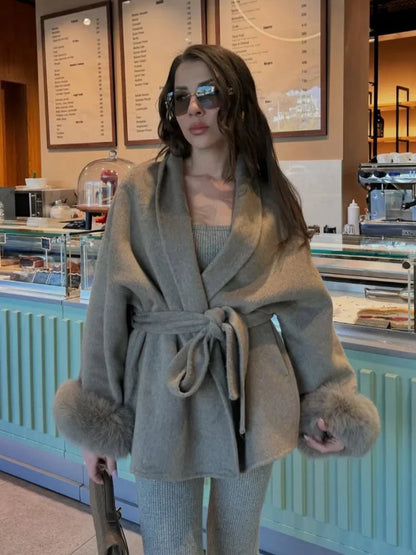 Womens Grey Mid Length Jacket Faux Fur Sleeve Wool Blend V Neck Outwear