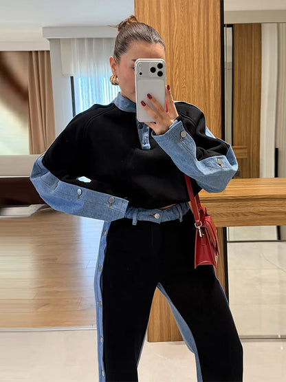 Womens Spring Sport Set Long Sleeve V Neck Tops High Waist Wide Leg Pants