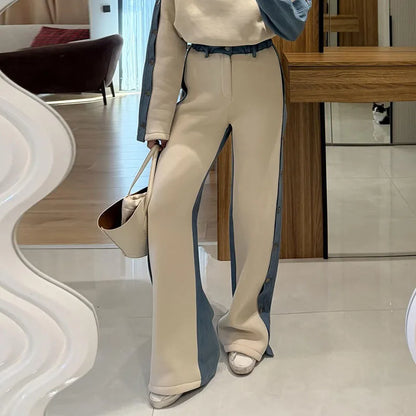 Womens Spring Sport Set Long Sleeve V Neck Tops High Waist Wide Leg Pants