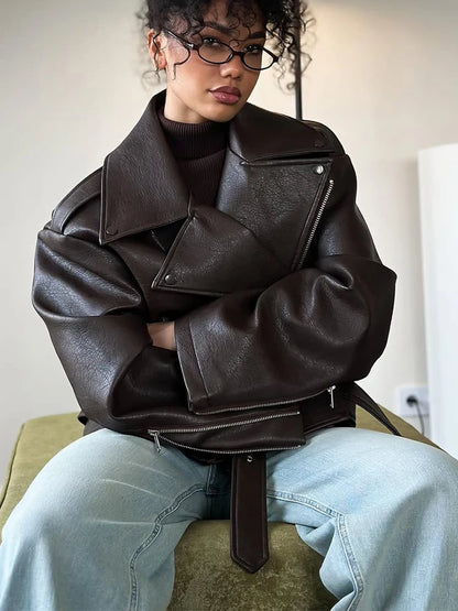 Womens Casual Dark Red Leather Look Jacket Loose Lapel Long Sleeve Button