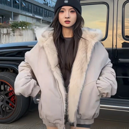 Thickened Fur Collar Warm Jacket Hoodie Womens Mens Couple Zipper