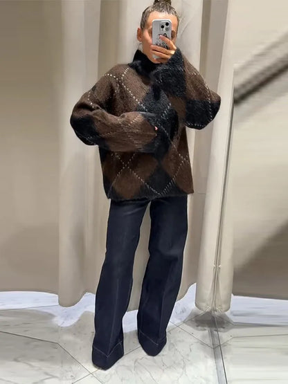 Womens Loose Casual Turtleneck Sweater Argyle Pattern Drop Shoulder Pullover