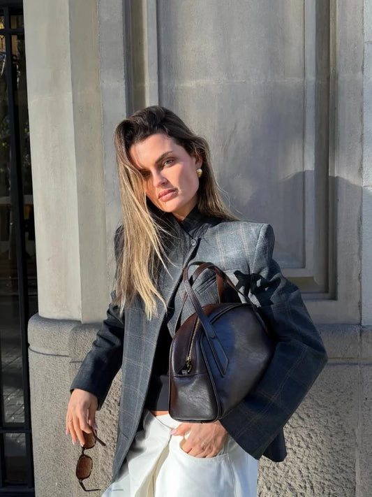 Womens Loose Plaid Short Blazer Irregular Pattern Stand Neck Split Jacket