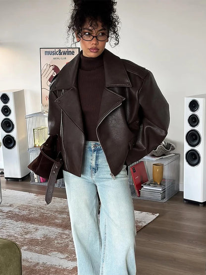 Womens Casual Dark Red Leather Look Jacket Loose Lapel Long Sleeve Button