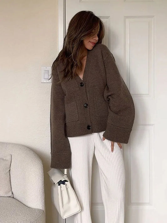 Womens Loose V Neck Sweater Solid Color Knitted Cardigan Long Sleeve