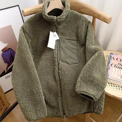 Solid Color Warm Lamb Wool Fleece Stand Neck Jacket Mens And Womens Zipper
