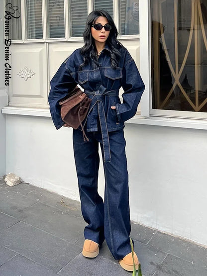 Womens Denim Jacket Pants Set Lapel Button High Waist Straight Trousers