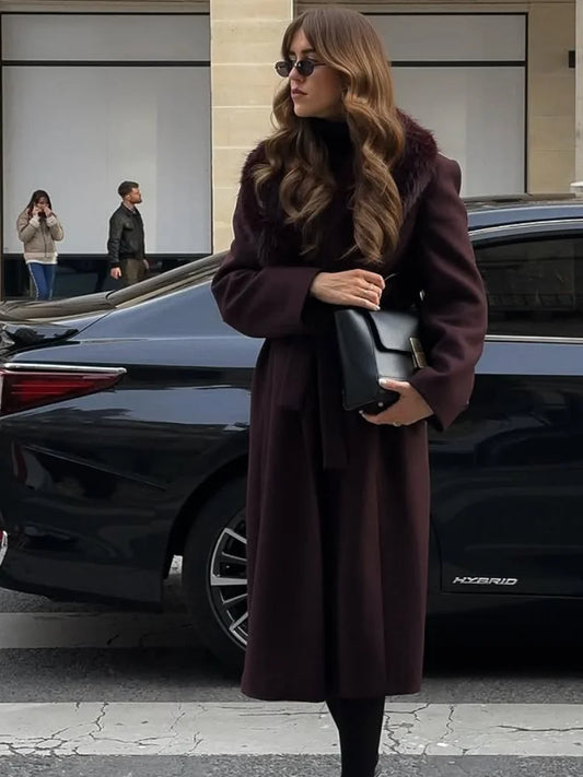 Women's Wool Blend Overcoat with Faux Fur Collar – Loose Fit, Lace-Up