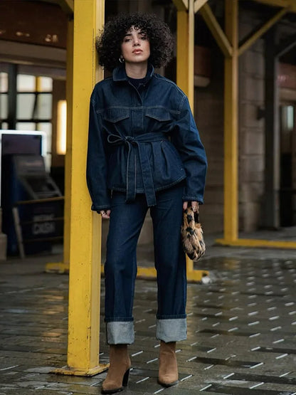 Womens Denim Jacket Pants Set Lapel Button High Waist Straight Trousers