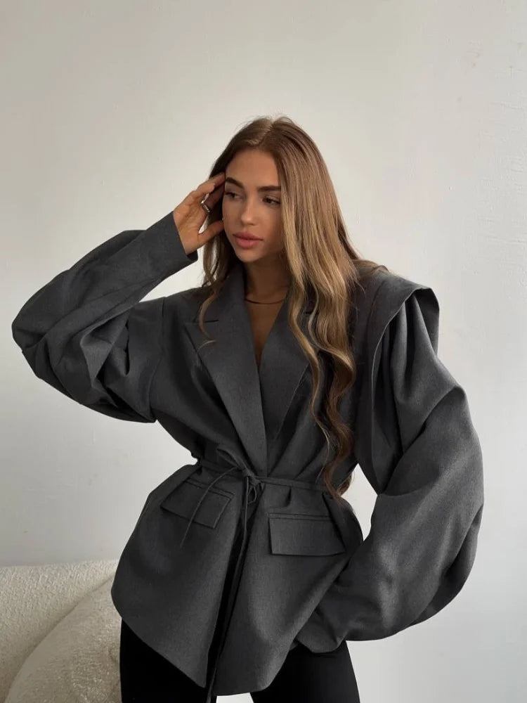 Brown Casual Short Blazer Womens V Neck Lace Up Waist Outerwear