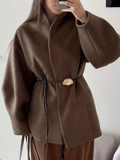 Brown Lace Up Long Sleeve Jacket Womens Stand Collar Slim Fit Street Wear