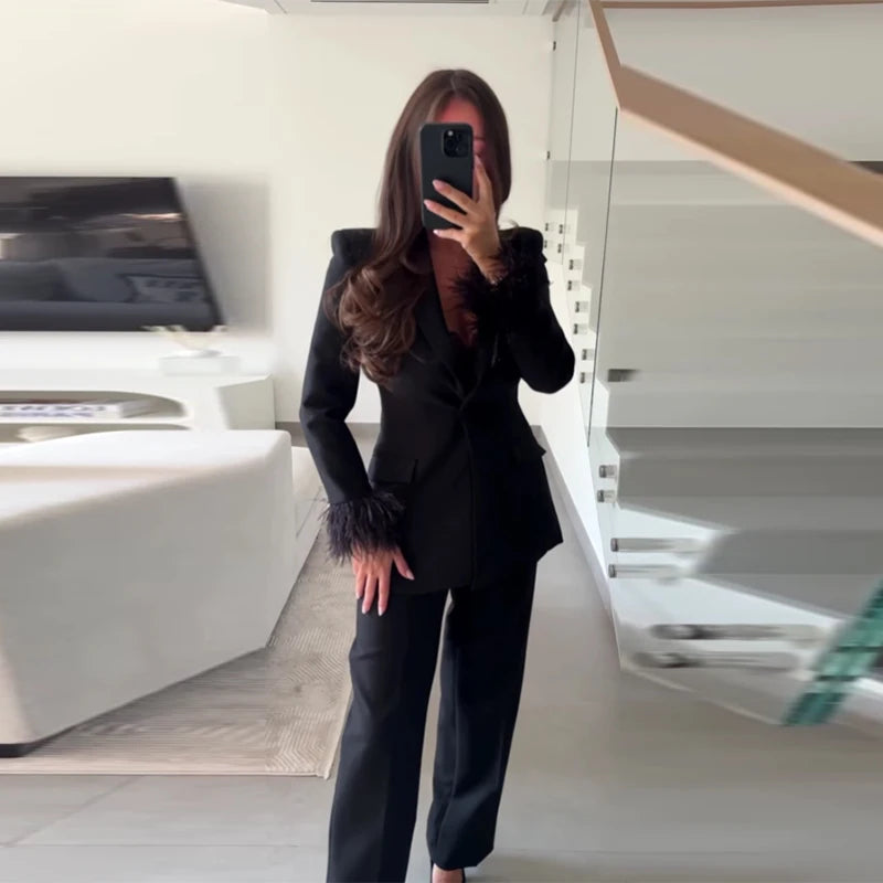 Feather Trim Lapel Blazer And Straight Pant Two Piece Suit Set